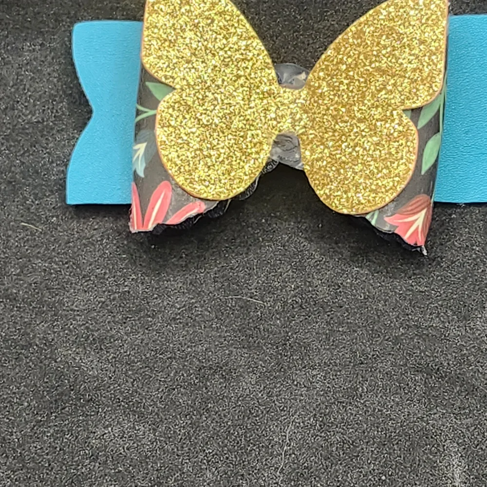 Hand Crafted Gold Glitter Butterfly Hair Bow Barrette Clip Faux Leather